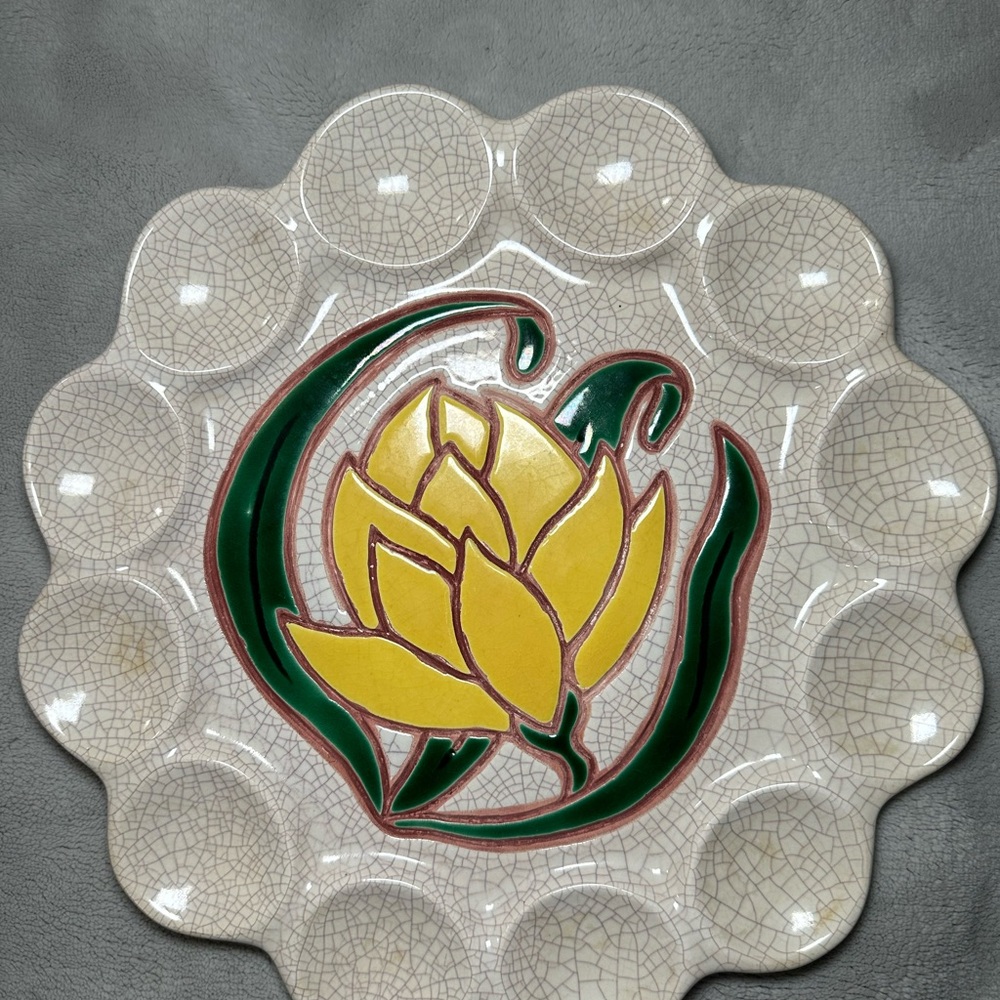 Vintage Artistic Ceramic Deviled Egg Platter with Yellow Floral Design